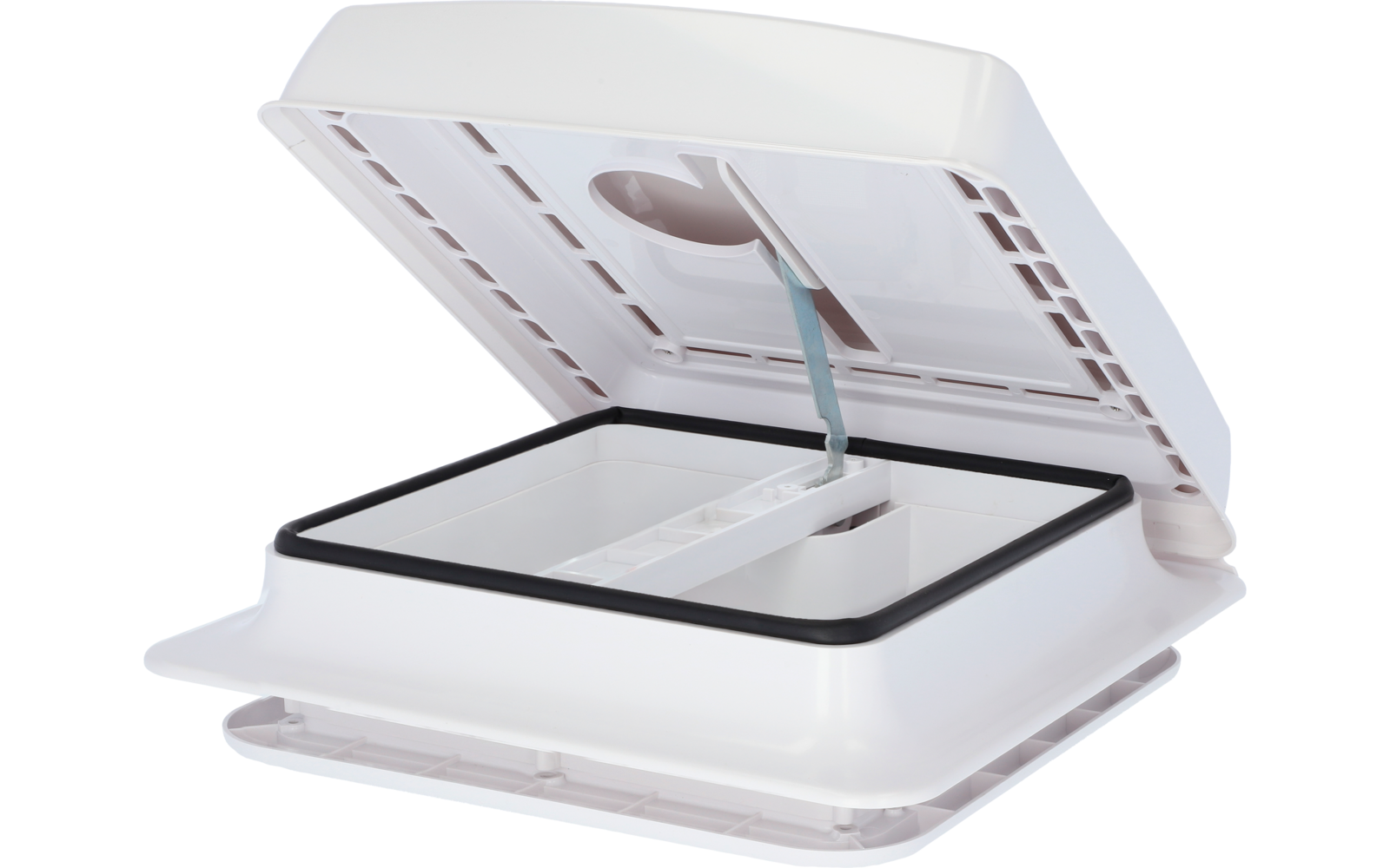 Weiße Kunststoffluke mit offenem Deckel und elektrischer Verkabelung im Inneren