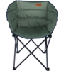 Chaise ronde pliante verte avec assise et dossier rembourrés, étiquette orange "TAMBU" en haut, bordure bleu foncé et structure métallique noire en croisillons