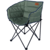 Fauteuil pliant rembourré vert avec structure métallique noire et étiquette 'TAMBU'