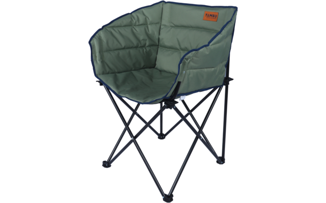 Fauteuil pliant rembourré vert avec structure métallique noire et étiquette 'TAMBU'