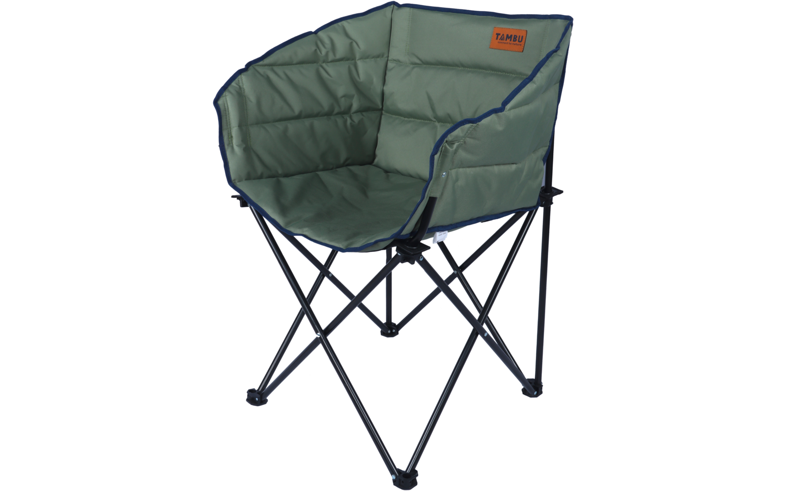 Fauteuil pliant rembourré vert avec structure métallique noire et étiquette 'TAMBU'