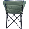 Chaise de camping vue de dos, dossier rembourré vert avec bordure bleu foncé, structure métallique noire en croix avec pieds en plastique