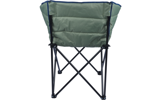 Chaise de camping vue de dos, dossier rembourré vert avec bordure bleu foncé, structure métallique noire en croix avec pieds en plastique