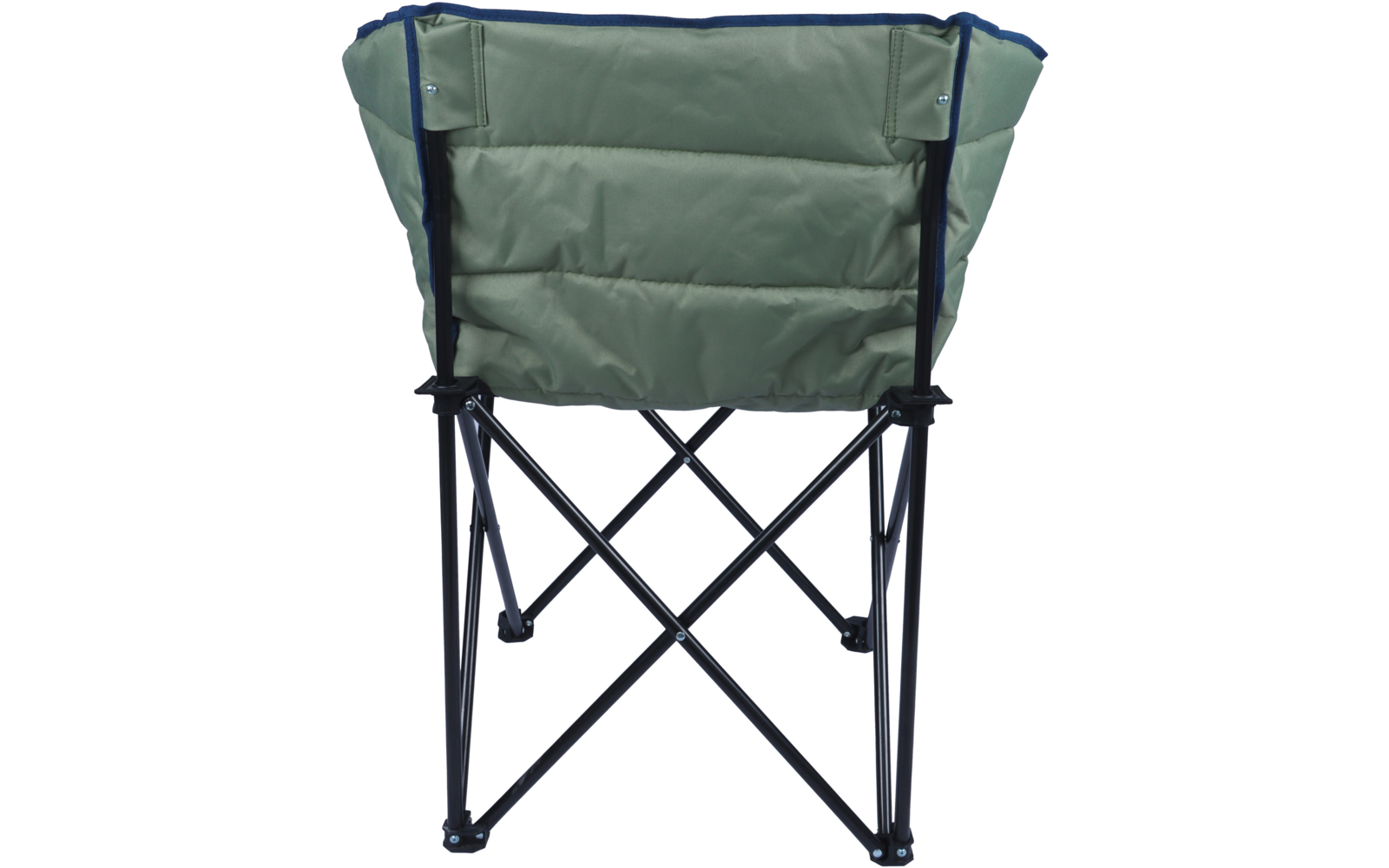 Chaise de camping vue de dos, dossier rembourré vert avec bordure bleu foncé, structure métallique noire en croix avec pieds en plastique