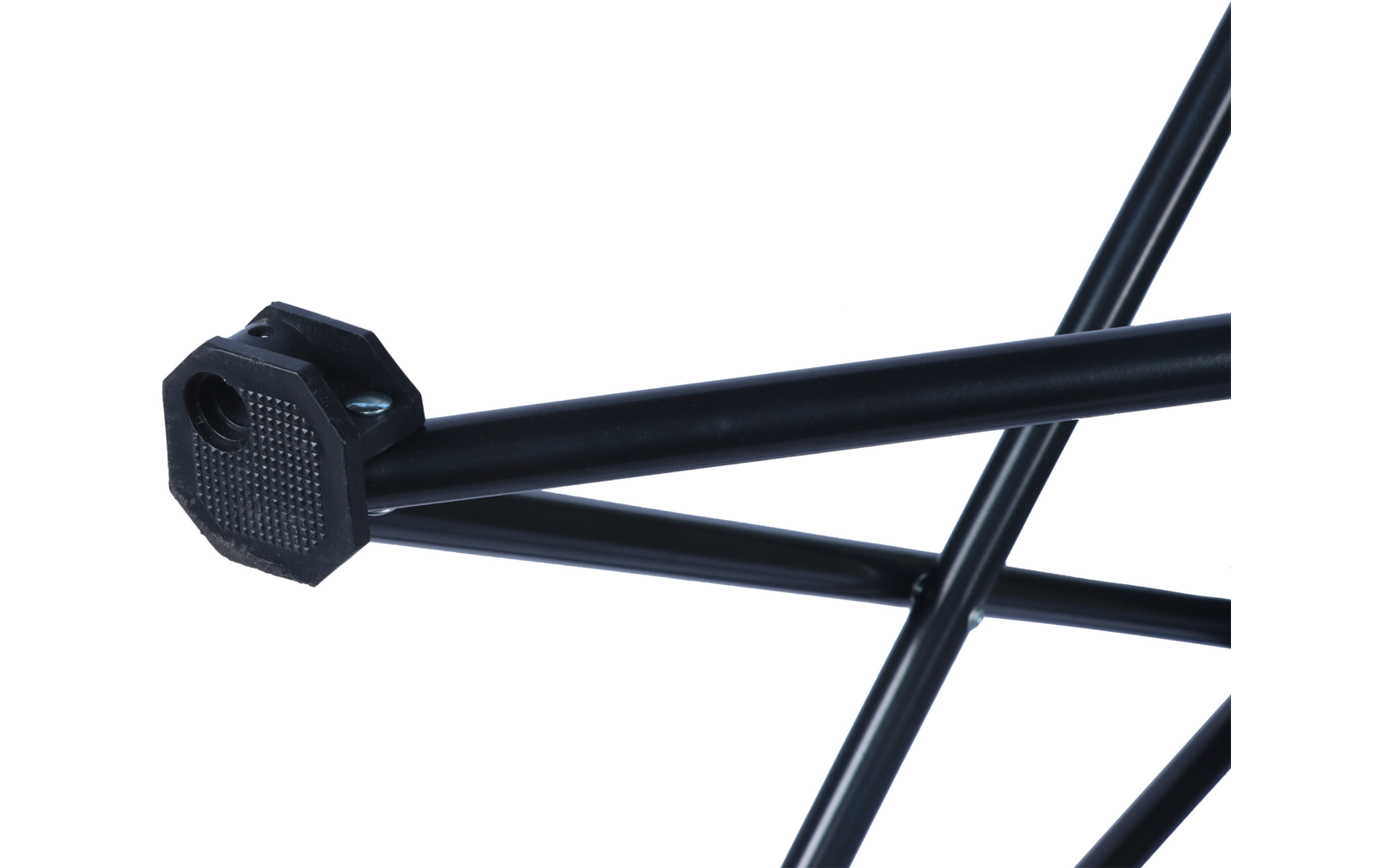 Barres métalliques noires croisées avec un embout en plastique noir octogonal à surface texturée