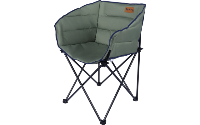 Gefütterter grüner faltbarer Stuhl mit schwarzem Metallgestell und Markenlabel 'TAMBU'