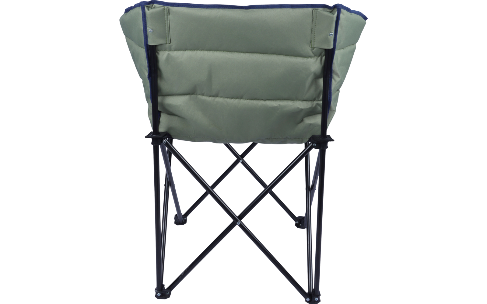 Campingstuhl von hinten, grünes gepolstertes Rückenteil mit dunkelblauer Einfassung, schwarzes gekreuztes Metallgestell mit Plastikfüßen