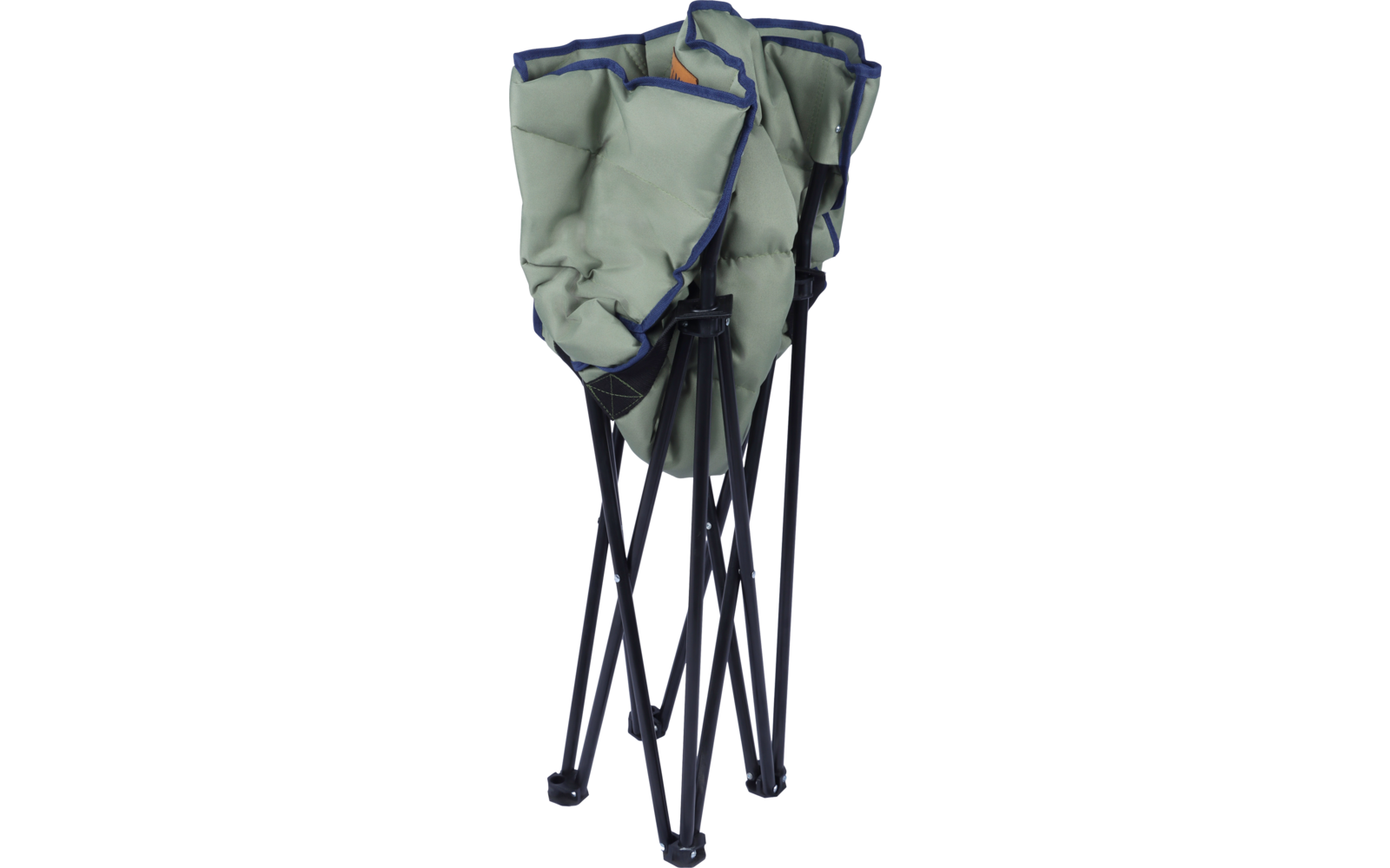 Zusammengeklappter grüner Klappstuhl mit schwarzem Metallgestell, blauer Einfassung und orangefarbenem Detail