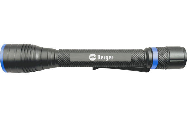 Schwarze Taschenlampe mit geriffeltem Griff, blauen Ringen und Schriftzug 'Berger'