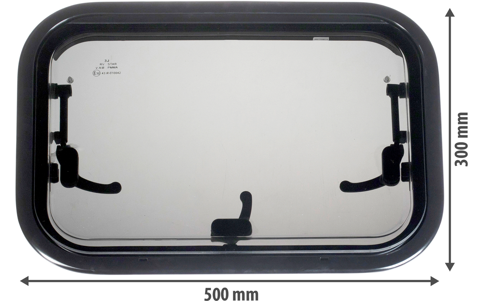 Ventana rectangular con agarraderas y marco negros, mide 500 cm de ancho y 300 cm de alto