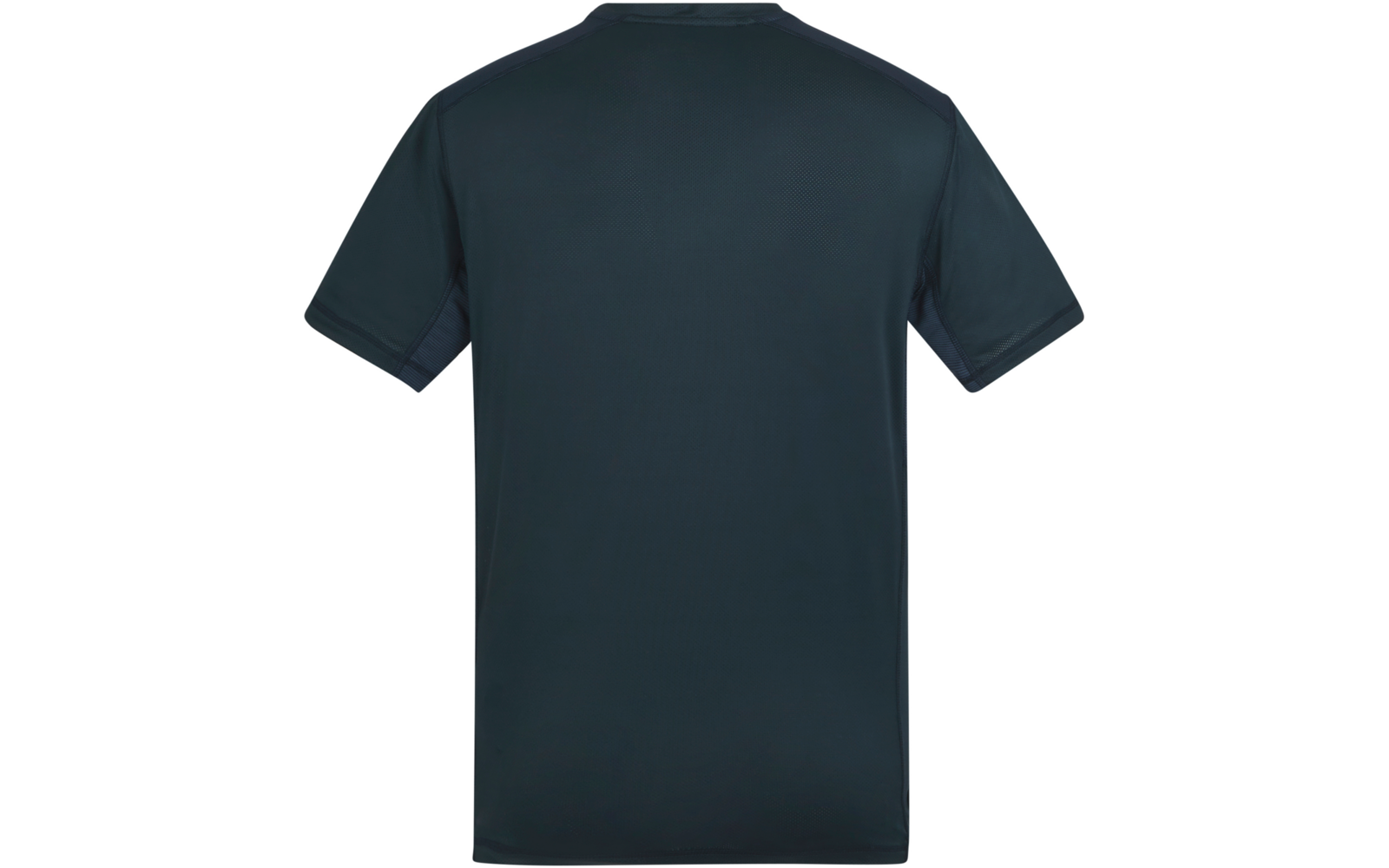 Rückansicht eines einfarbigen dunkelblauen T-Shirts mit kurzen Ärmeln auf weißem Hintergrund