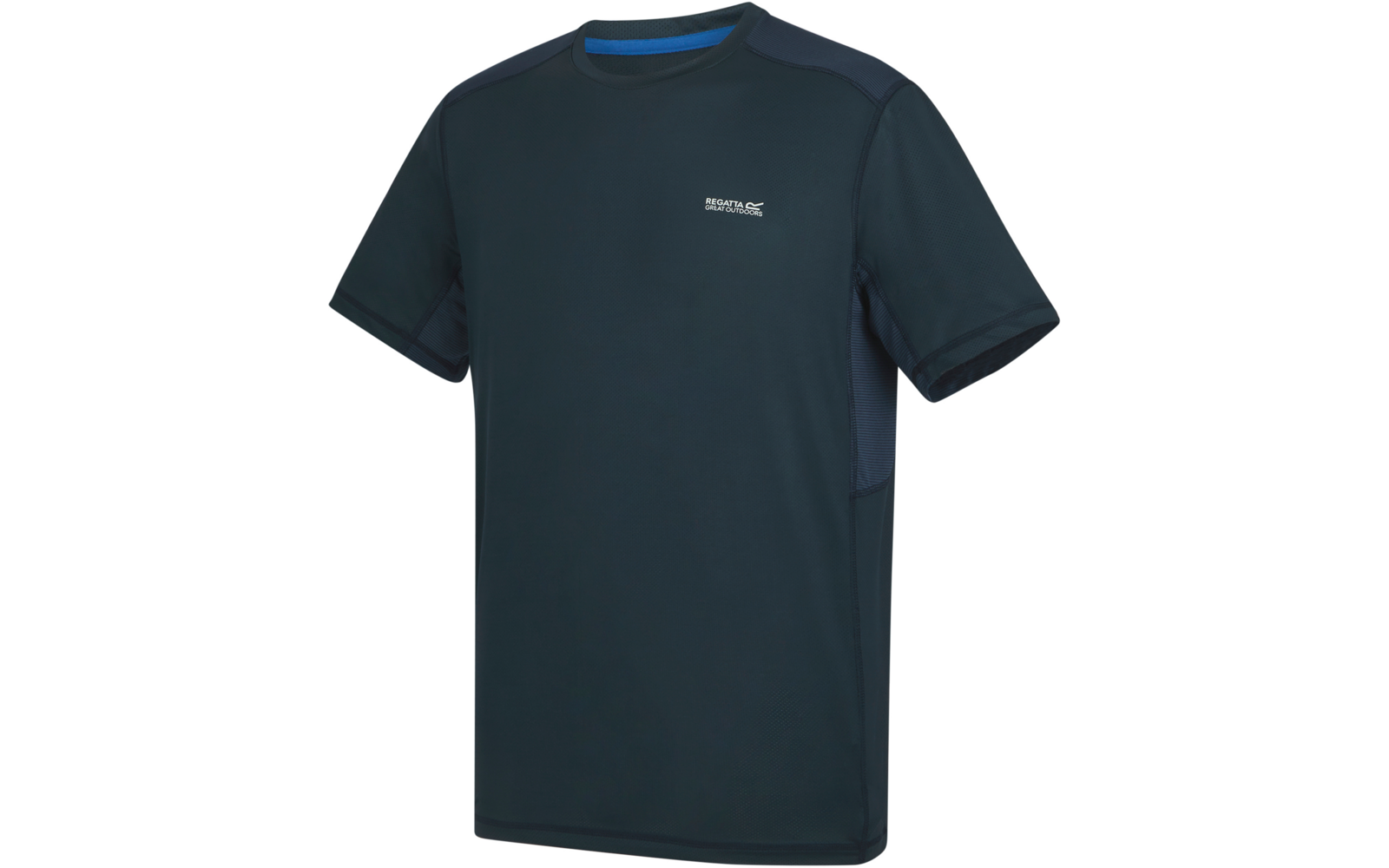 Dunkelblaues T‑Shirt mit kurzen Ärmeln, Rundhalsausschnitt, hellblauer Innenrand am Kragen, kleiner weißer Logotext auf linker Brust, dunklere Einsätze an Seiten und Schultern