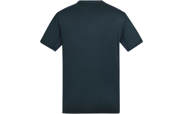 Rückansicht eines einfarbigen dunkelblauen T-Shirts mit kurzen Ärmeln auf weißem Hintergrund