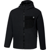 Schwarze Fleecejacke mit Kapuze, durchgehendem Reißverschluss, linker Brusttasche mit Klappe und kleinem Logolabel, seitlichen Reißverschlusstaschen