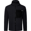 Schwarze Fleece-Jacke mit Kapuze, durchgehendem Reißverschluss, langen Ärmeln und aufgesetzter Brusttasche mit Klappe und kleinem Logo-Patch