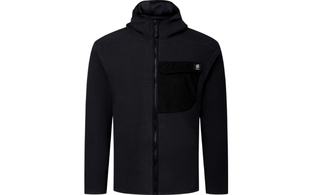 Schwarze Fleece-Jacke mit Kapuze, durchgehendem Reißverschluss, langen Ärmeln und aufgesetzter Brusttasche mit Klappe und kleinem Logo-Patch