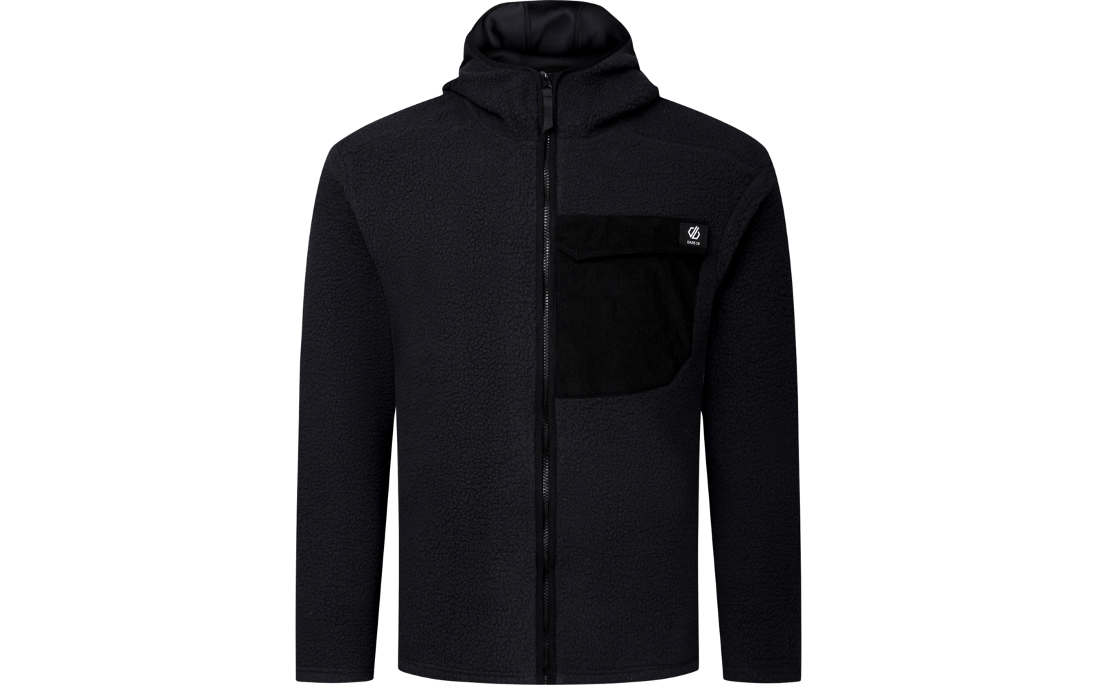 Schwarze Fleece-Jacke mit Kapuze, durchgehendem Reißverschluss, langen Ärmeln und aufgesetzter Brusttasche mit Klappe und kleinem Logo-Patch