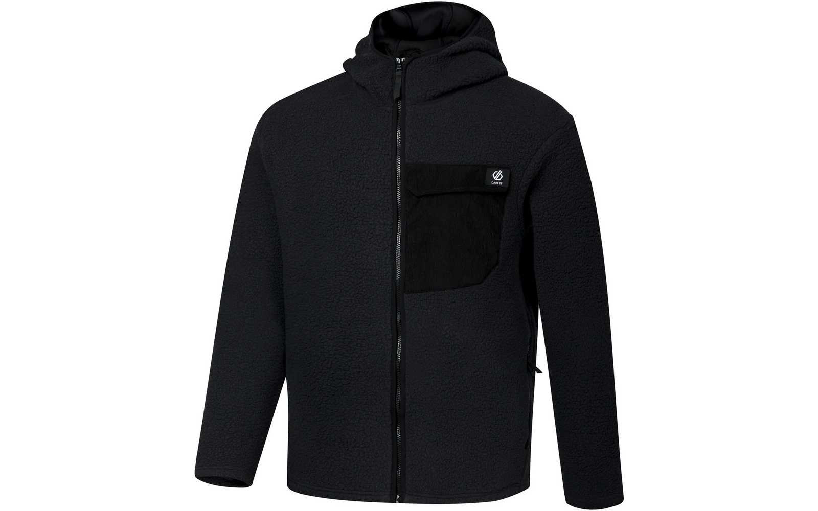 Schwarze Fleecejacke mit Kapuze, durchgehendem Reißverschluss, linker Brusttasche mit Klappe und kleinem Logolabel, seitlichen Reißverschlusstaschen