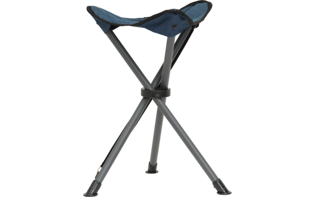 Dreibeiniger Campingstuhl mit blauer Sitzfläche und grauen Beinen
