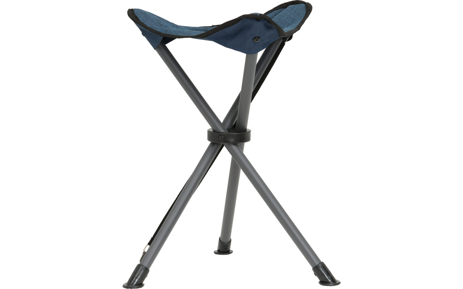 Dreibeiniger Campingstuhl mit blauer Sitzfläche und grauen Beinen