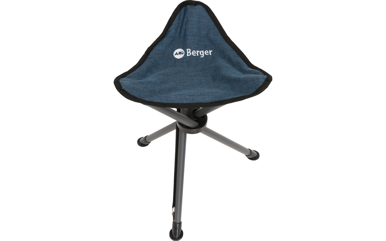 Blauer, dreibeiniger Campingstuhl mit Stoffbezug und Logo
