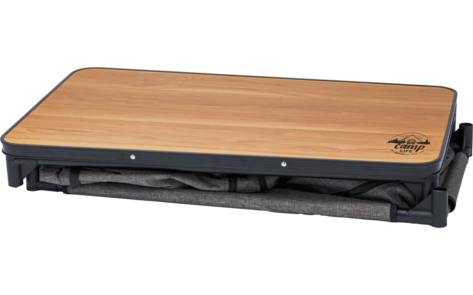 Planche pliante pliée avec plateau en bois et cadre noir