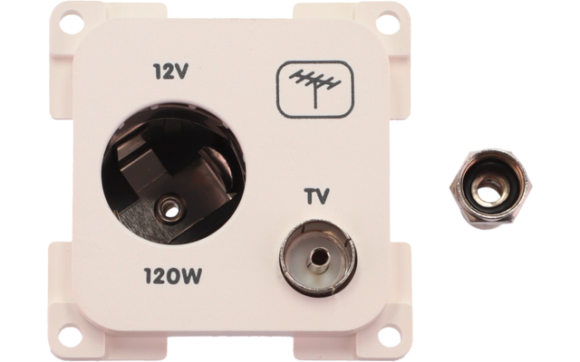 Weiße quadratische Kunststoff-Einbaudose mit vier Schraublöchern; große runde Öffnung mit mittlerem Pin, beschriftet "12V" und "120W"; kleinere Koax-Buchse beschriftet "TV" mit Antennensymbol; daneben getrennte metallene Schraubmutter