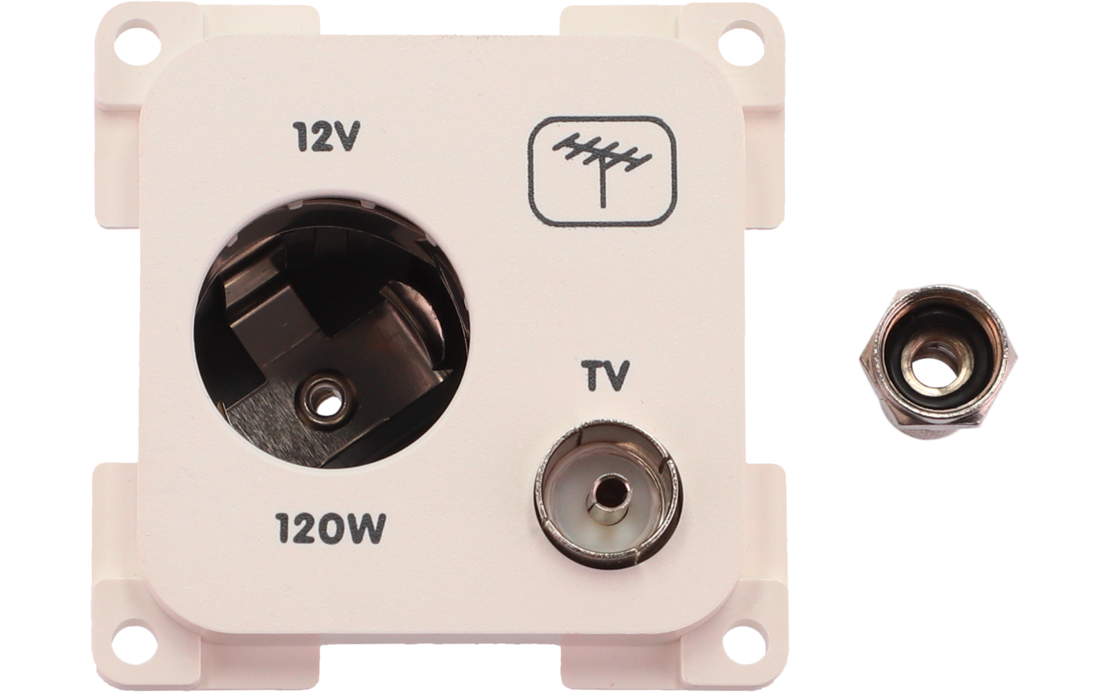 Weiße quadratische Kunststoff-Einbaudose mit vier Schraublöchern; große runde Öffnung mit mittlerem Pin, beschriftet "12V" und "120W"; kleinere Koax-Buchse beschriftet "TV" mit Antennensymbol; daneben getrennte metallene Schraubmutter