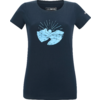 T-shirt femme bleu foncé avec motif bleu clair : montagnes stylisées, une ligne sinueuse et un soleil avec des rayons