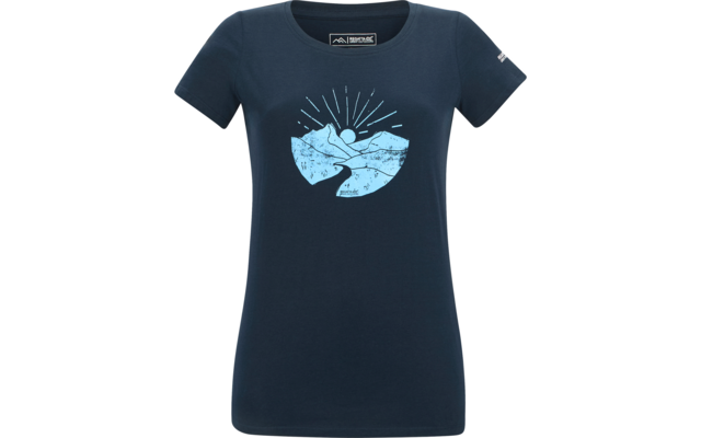 T-shirt femme bleu foncé avec motif bleu clair : montagnes stylisées, une ligne sinueuse et un soleil avec des rayons