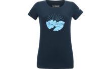 T-shirt femme bleu foncé avec motif bleu clair : montagnes stylisées, une ligne sinueuse et un soleil avec des rayons