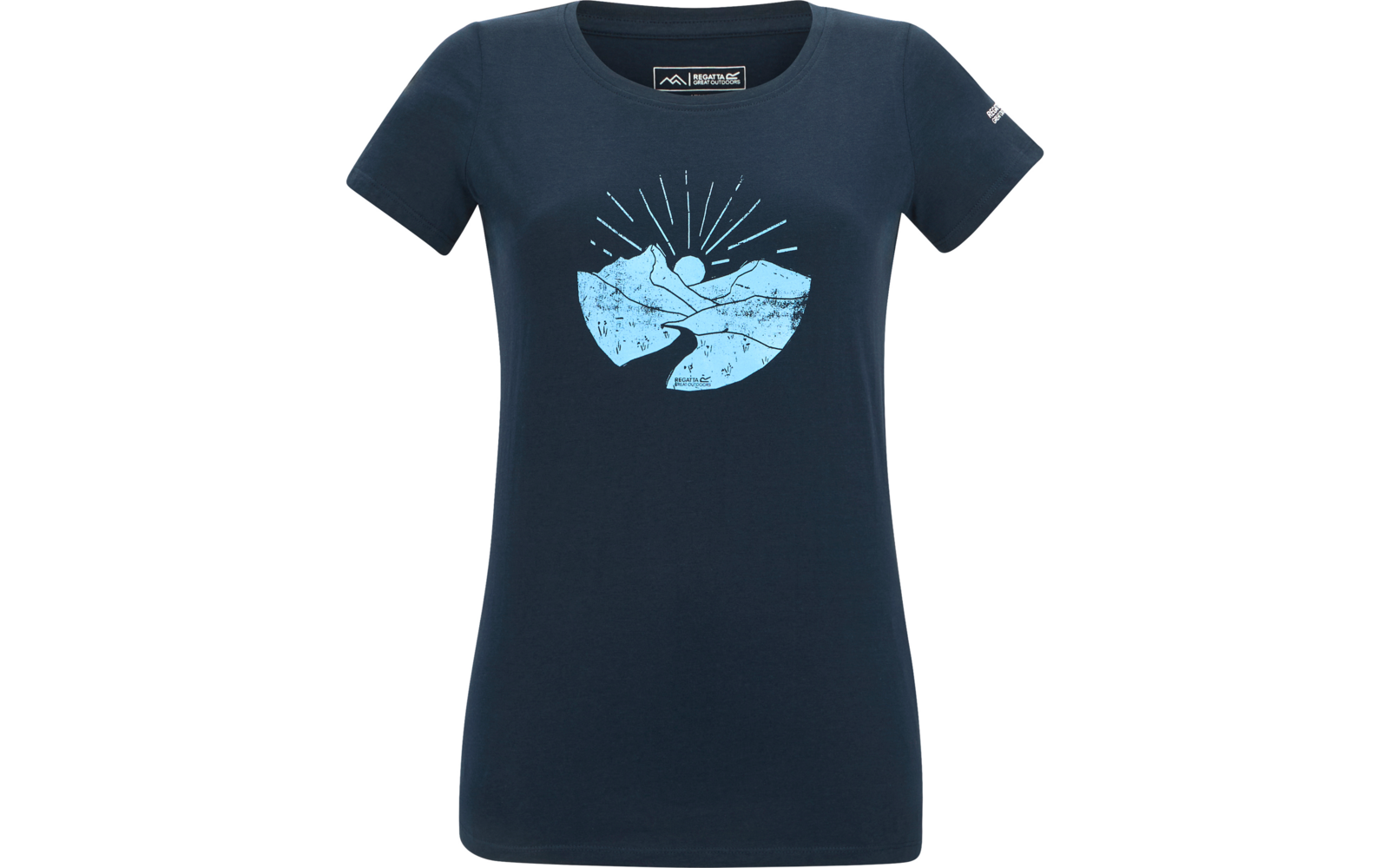 T-shirt femme bleu foncé avec motif bleu clair : montagnes stylisées, une ligne sinueuse et un soleil avec des rayons