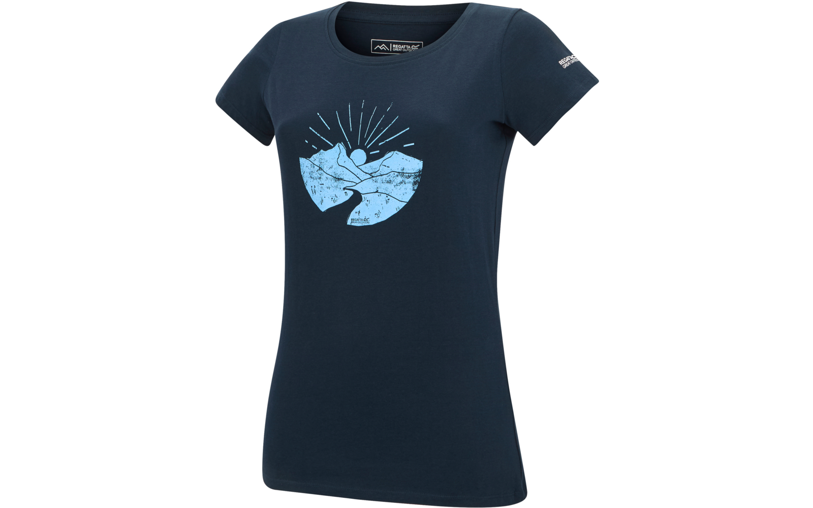 T-shirt femme bleu marine à manches courtes et encolure ronde, imprimé semicirculaire bleu clair au centre avec lignes courbes et rayonnantes, petit logo blanc sur la manche