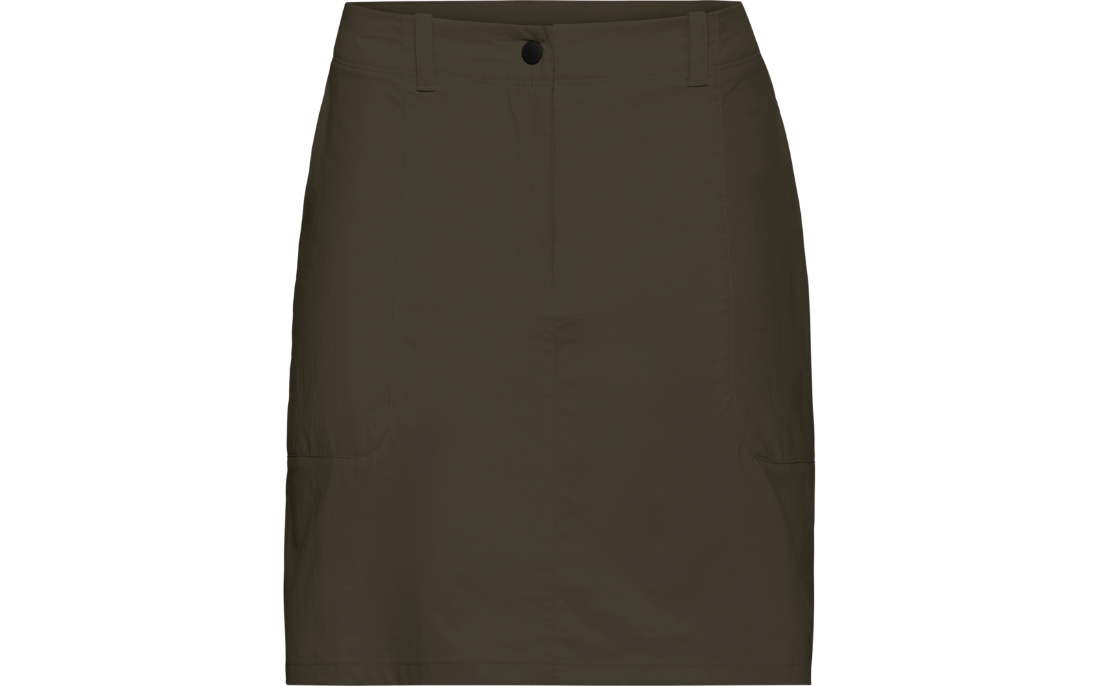 Olivgrüner knielanger Rock, Vorderansicht, Bund mit Knopf und Reißverschluss, zwei aufgesetzte Taschen