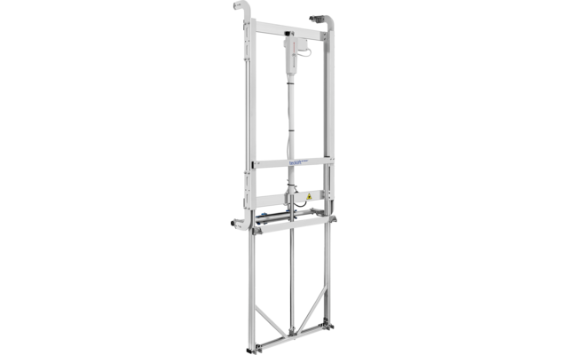 Cadre métallique étroit blanc avec deux rails verticaux, barres transversales, câbles et rouleaux visibles, un boîtier de commande monté et tiges de liaison