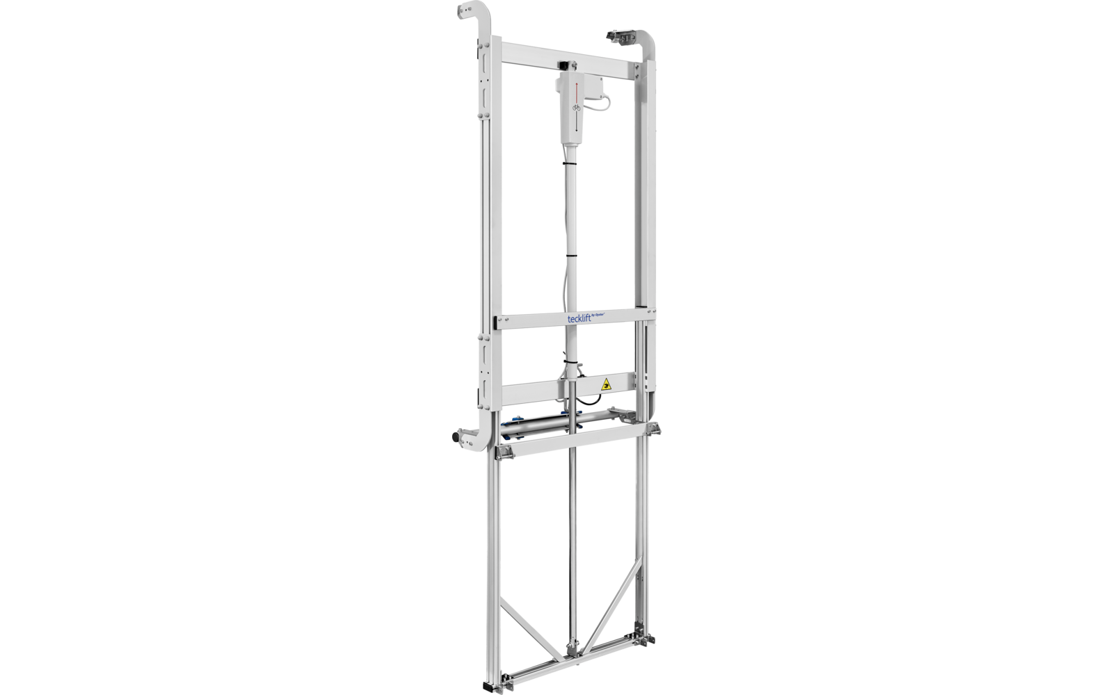 Cadre métallique étroit blanc avec deux rails verticaux, barres transversales, câbles et rouleaux visibles, un boîtier de commande monté et tiges de liaison