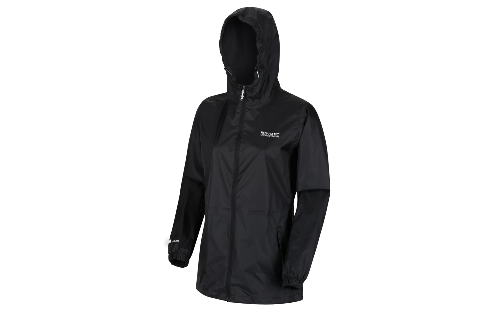 Schwarze Regenjacke mit Kapuze, durchgehendem Reißverschluss, elastischen Ärmelbündchen und weißem Logo auf der Brust