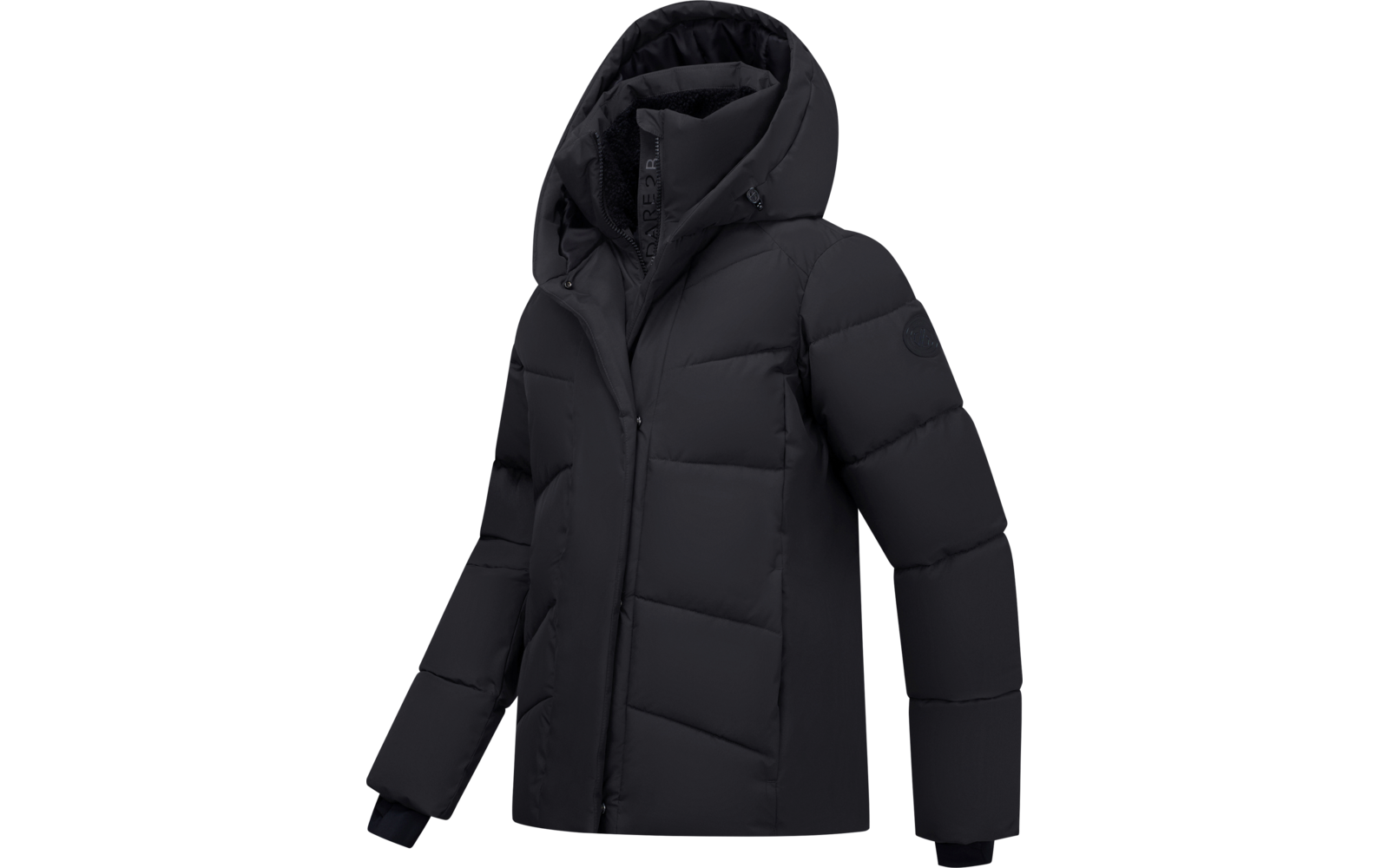 Schwarze gesteppte Jacke mit Kapuze und Frontreißverschluss