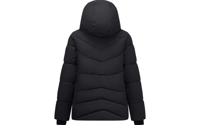 Schwarze Steppjacke mit Kapuze, Rückenansicht, V-förmige Steppnähte und lange Ärmel