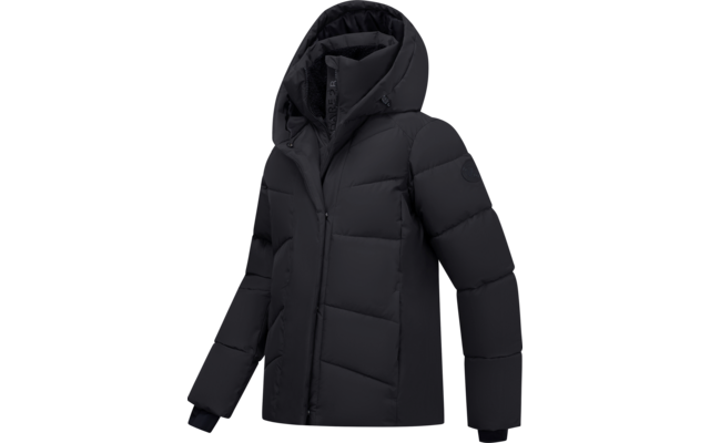 Schwarze gesteppte Jacke mit Kapuze und Frontreißverschluss
