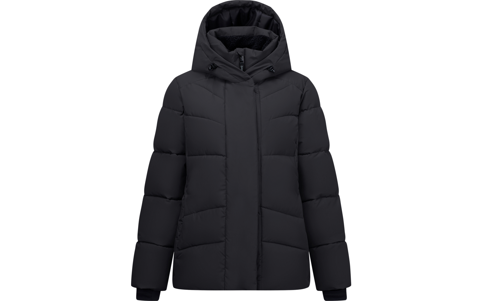 Schwarze gesteppte Jacke mit Kapuze, verdecktem Reißverschluss, gesteppten Paneelen und Ärmelbündchen