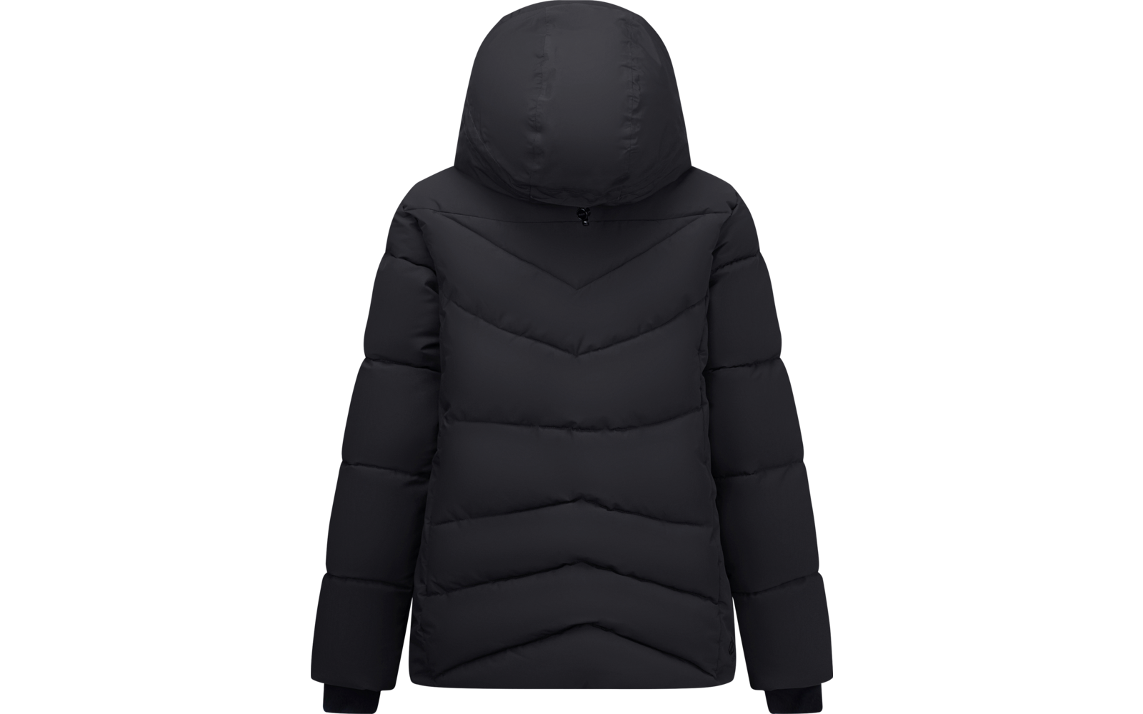 Schwarze Steppjacke mit Kapuze, Rückenansicht, V-förmige Steppnähte und lange Ärmel