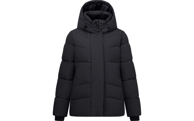 Schwarze gesteppte Jacke mit Kapuze, verdecktem Reißverschluss, gesteppten Paneelen und Ärmelbündchen