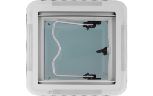 Quadratischer weißer Rahmen mit hellblauem Mittelfeld, gebogene weiße Stange, drei schwarze Verriegelungen (eine mit rotem Punkt), sichtbare Schrauben in den Ecken
