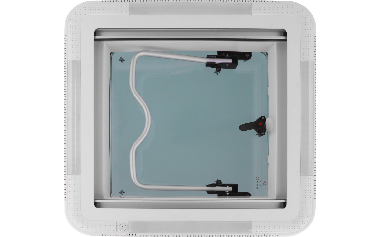 Quadratischer weißer Rahmen mit hellblauem Mittelfeld, gebogene weiße Stange, drei schwarze Verriegelungen (eine mit rotem Punkt), sichtbare Schrauben in den Ecken