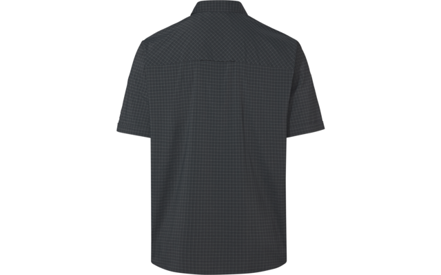 Rückansicht eines kurzärmligen Hemds in dunkelgrau mit feinem Karomuster