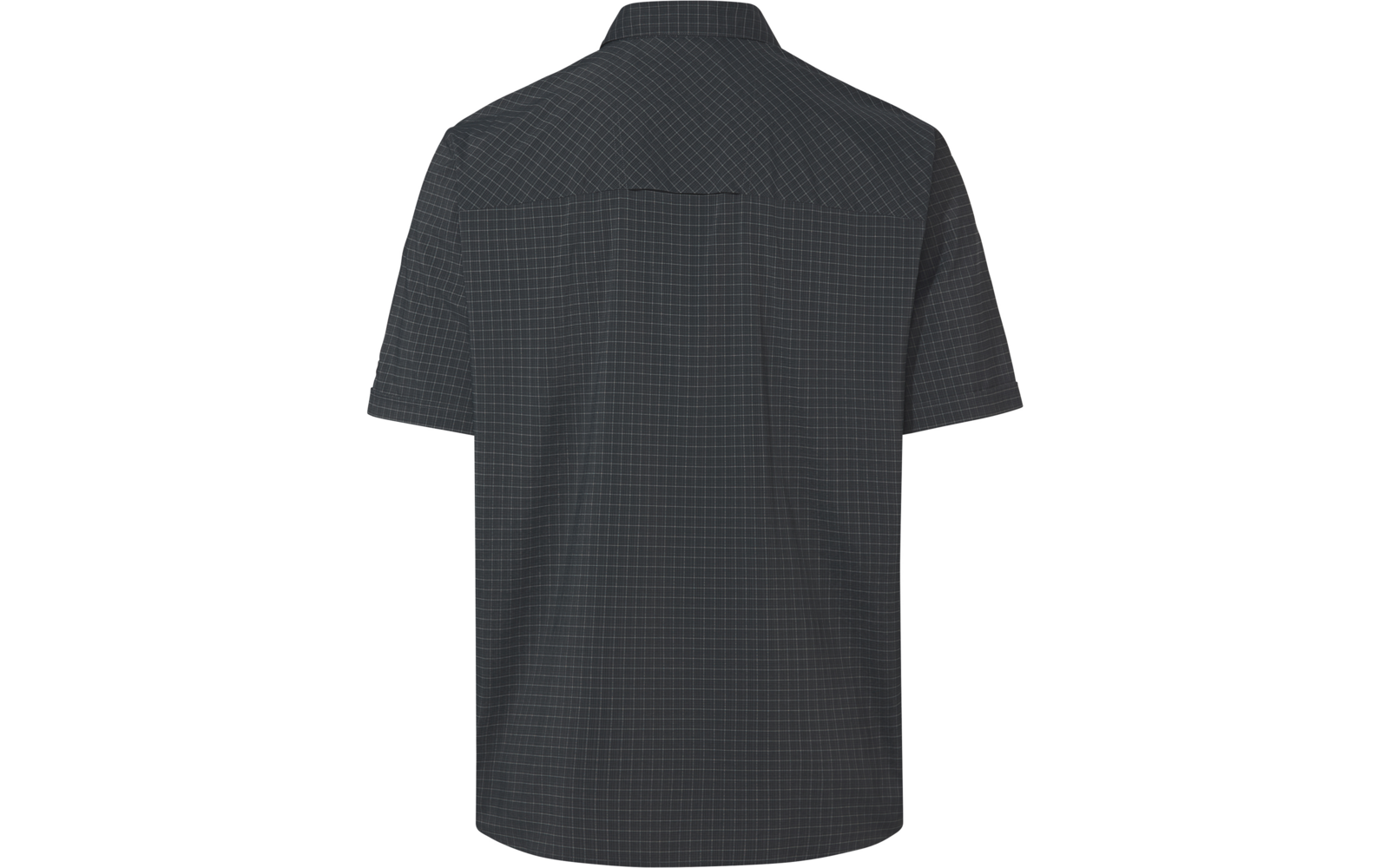 Rückansicht eines kurzärmligen Hemds in dunkelgrau mit feinem Karomuster
