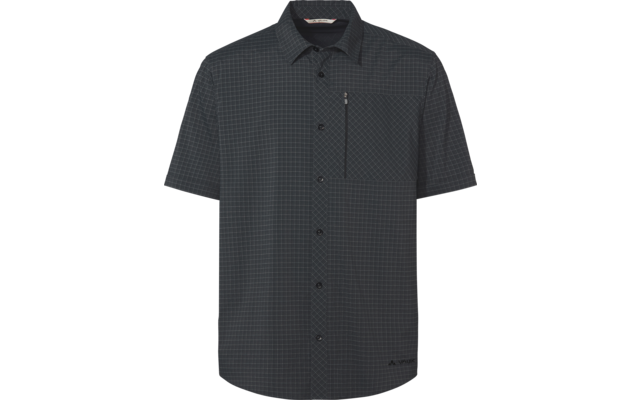 Camisa de manga corta gris oscuro con cuello, cierre de botones completo, patrón de cuadros fino, bolsillo en el pecho con cremallera vertical y pequeño logo en el bajo