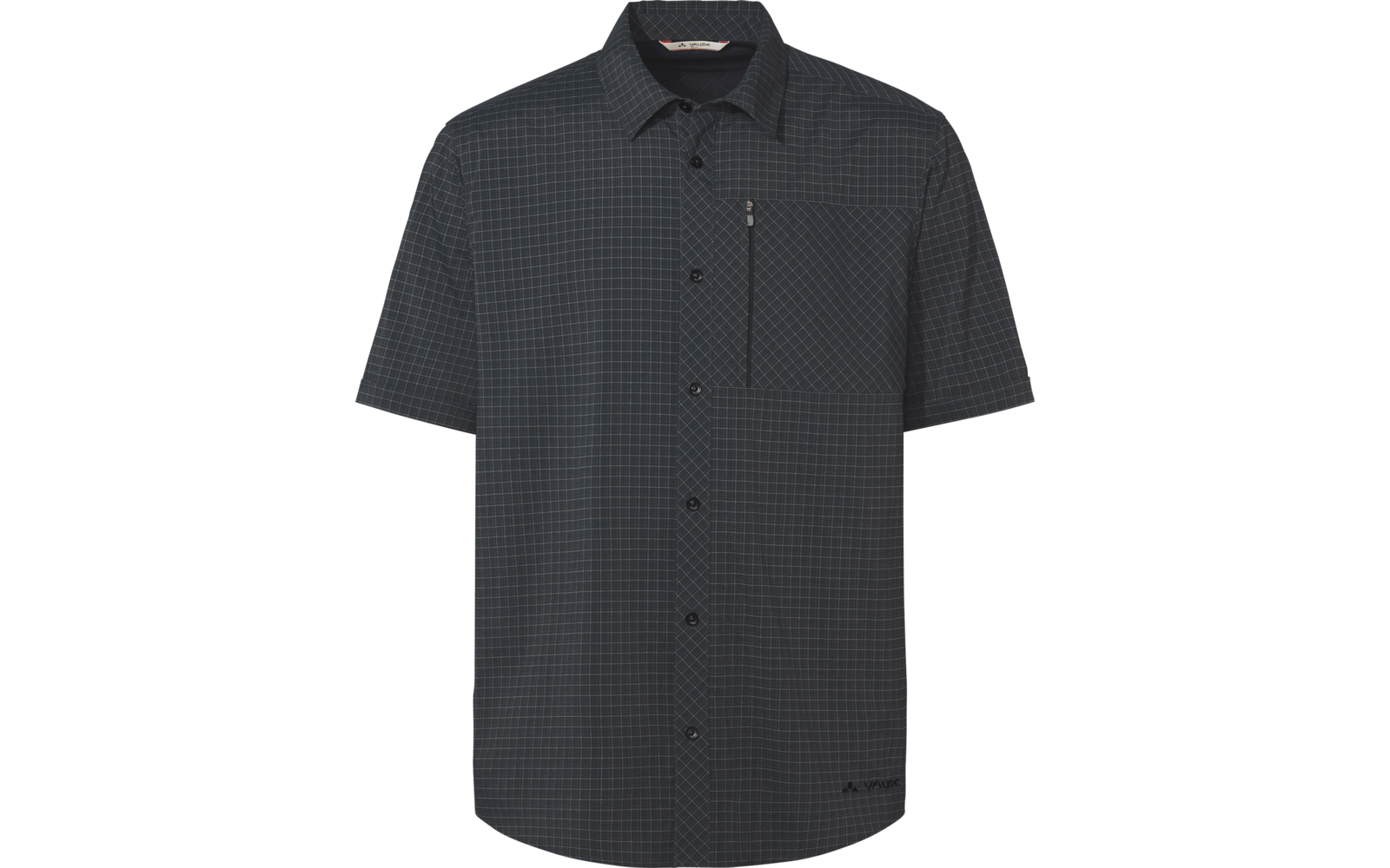 Camisa de manga corta gris oscuro con cuello, cierre de botones completo, patrón de cuadros fino, bolsillo en el pecho con cremallera vertical y pequeño logo en el bajo