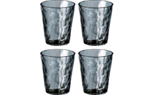 Quatre verres transparents et arrondis disposés en deux rangées de deux verres chacun